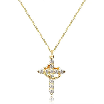 Rotatable Crown Rhinestone Cross Choker Necklace Earrings Rings for Women Minimalist Cross Chain Christian Jewelry Prayer Gift - ZOOMNSTORE