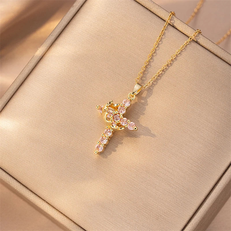 Rotatable Crown Rhinestone Cross Choker Necklace Earrings Rings for Women Minimalist Cross Chain Christian Jewelry Prayer Gift - ZOOMNSTORE