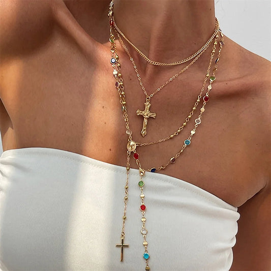 3Pcs Unique Cross Pendant Necklace Set for Women Simple Crystal Necklace Sweater Chain Long Y-shaped Necklace Y2K Party Jewelry - ZOOMNSTORE