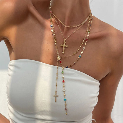 3Pcs Unique Cross Pendant Necklace Set for Women Simple Crystal Necklace Sweater Chain Long Y-shaped Necklace Y2K Party Jewelry - ZOOMNSTORE