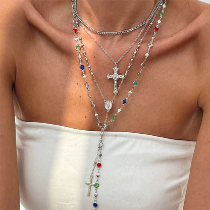 3Pcs Unique Cross Pendant Necklace Set for Women Simple Crystal Necklace Sweater Chain Long Y-shaped Necklace Y2K Party Jewelry - ZOOMNSTORE