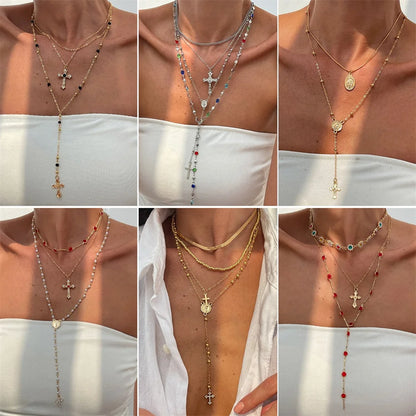 3Pcs Unique Cross Pendant Necklace Set for Women Simple Crystal Necklace Sweater Chain Long Y-shaped Necklace Y2K Party Jewelry - ZOOMNSTORE