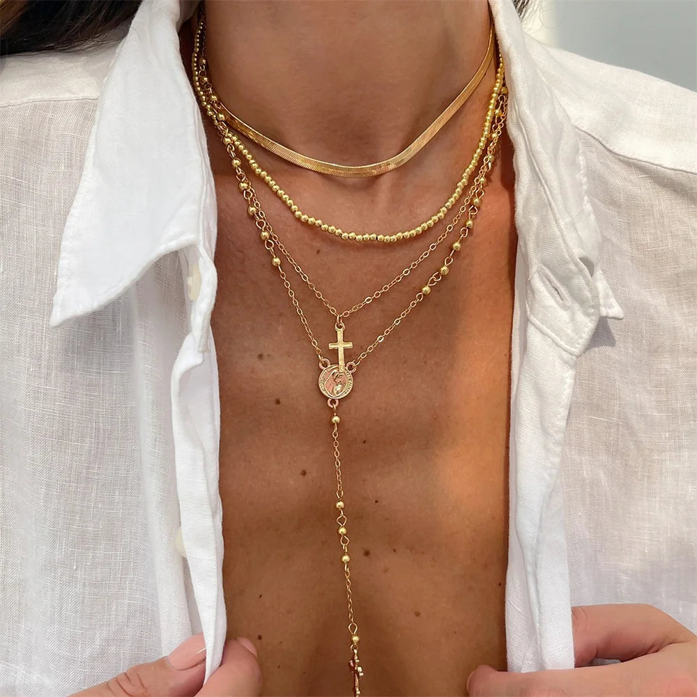 3Pcs Unique Cross Pendant Necklace Set for Women Simple Crystal Necklace Sweater Chain Long Y-shaped Necklace Y2K Party Jewelry - ZOOMNSTORE