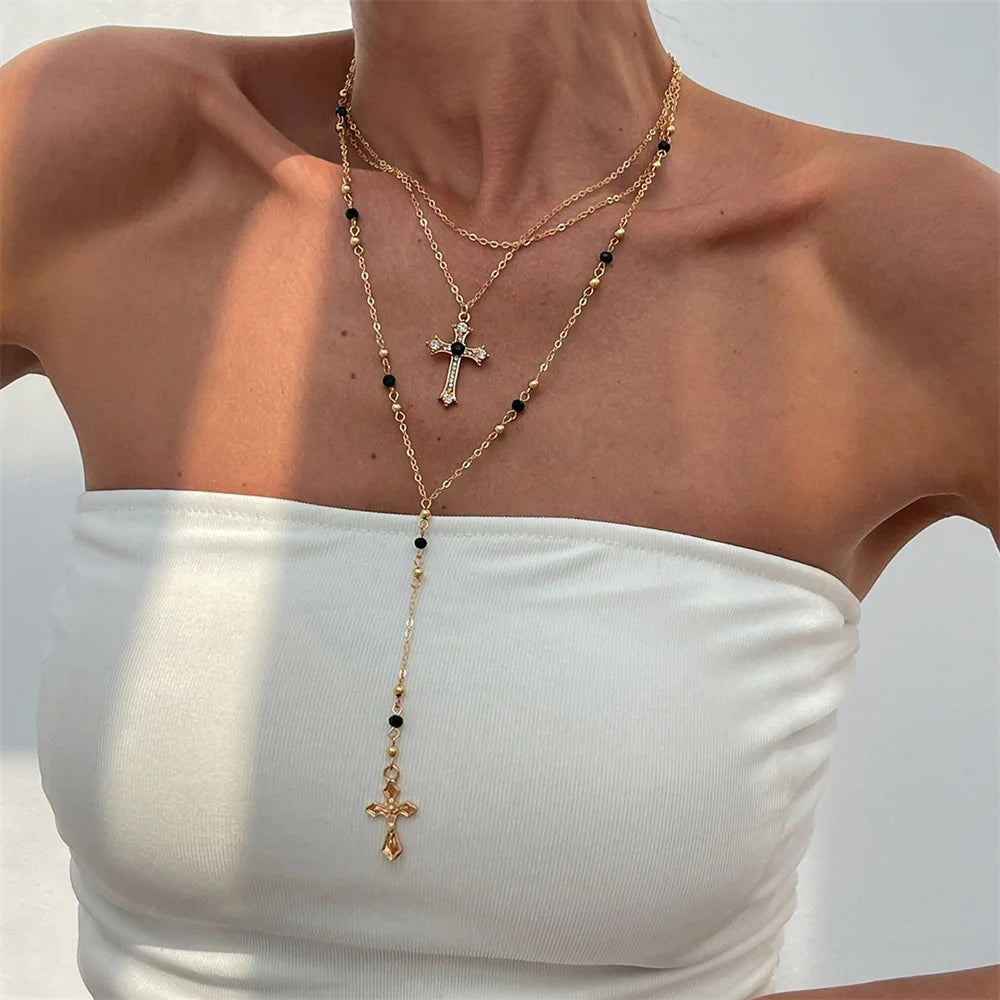 3Pcs Unique Cross Pendant Necklace Set for Women Simple Crystal Necklace Sweater Chain Long Y-shaped Necklace Y2K Party Jewelry - ZOOMNSTORE