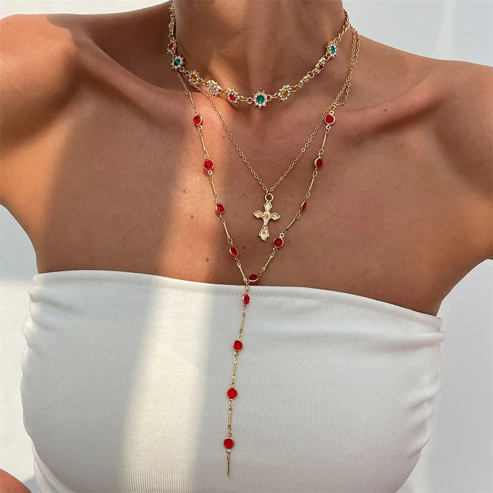 3Pcs Unique Cross Pendant Necklace Set for Women Simple Crystal Necklace Sweater Chain Long Y-shaped Necklace Y2K Party Jewelry - ZOOMNSTORE