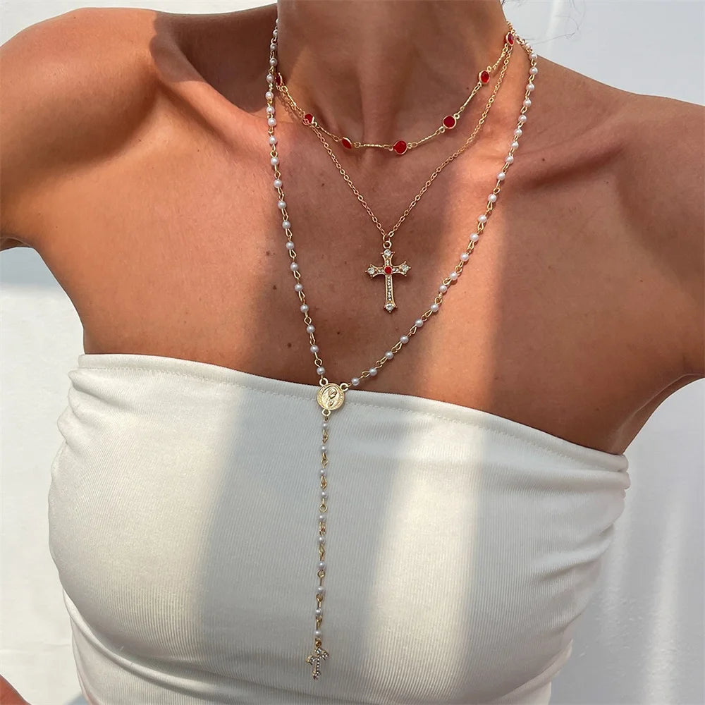 3Pcs Unique Cross Pendant Necklace Set for Women Simple Crystal Necklace Sweater Chain Long Y-shaped Necklace Y2K Party Jewelry - ZOOMNSTORE