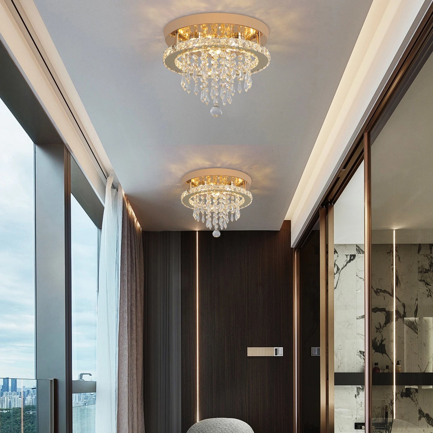 Crystal Chandelier - Modern Gold Ceiling Light With LED Flush Mount Fixture - ZOOMNSTORE
