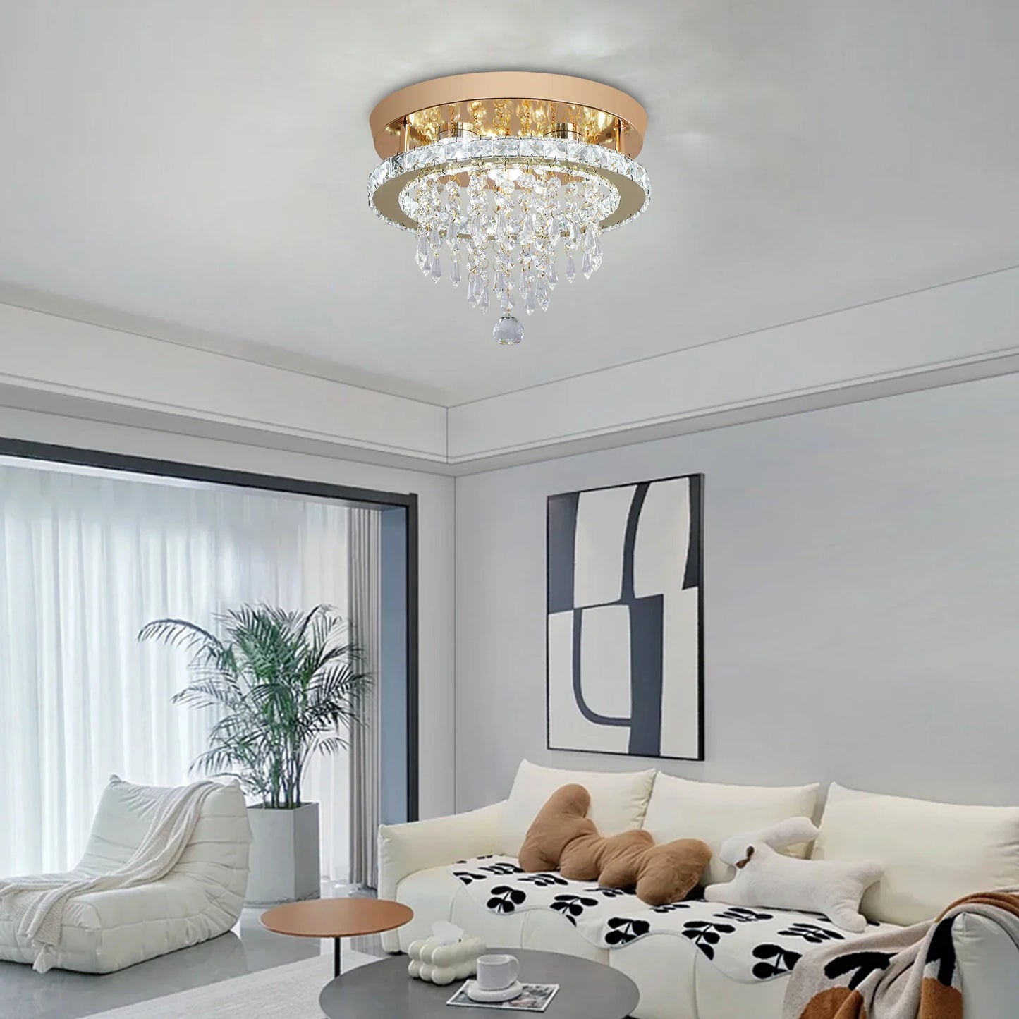 Crystal Chandelier - Modern Gold Ceiling Light With LED Flush Mount Fixture - ZOOMNSTORE