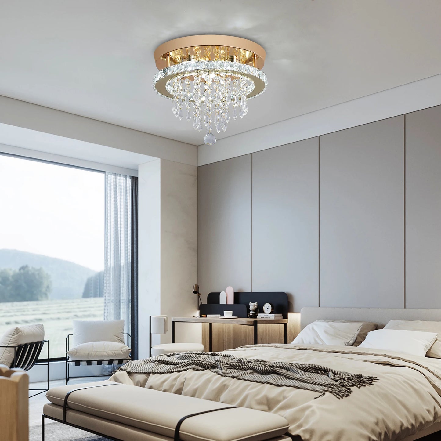 Crystal Chandelier - Modern Gold Ceiling Light With LED Flush Mount Fixture - ZOOMNSTORE
