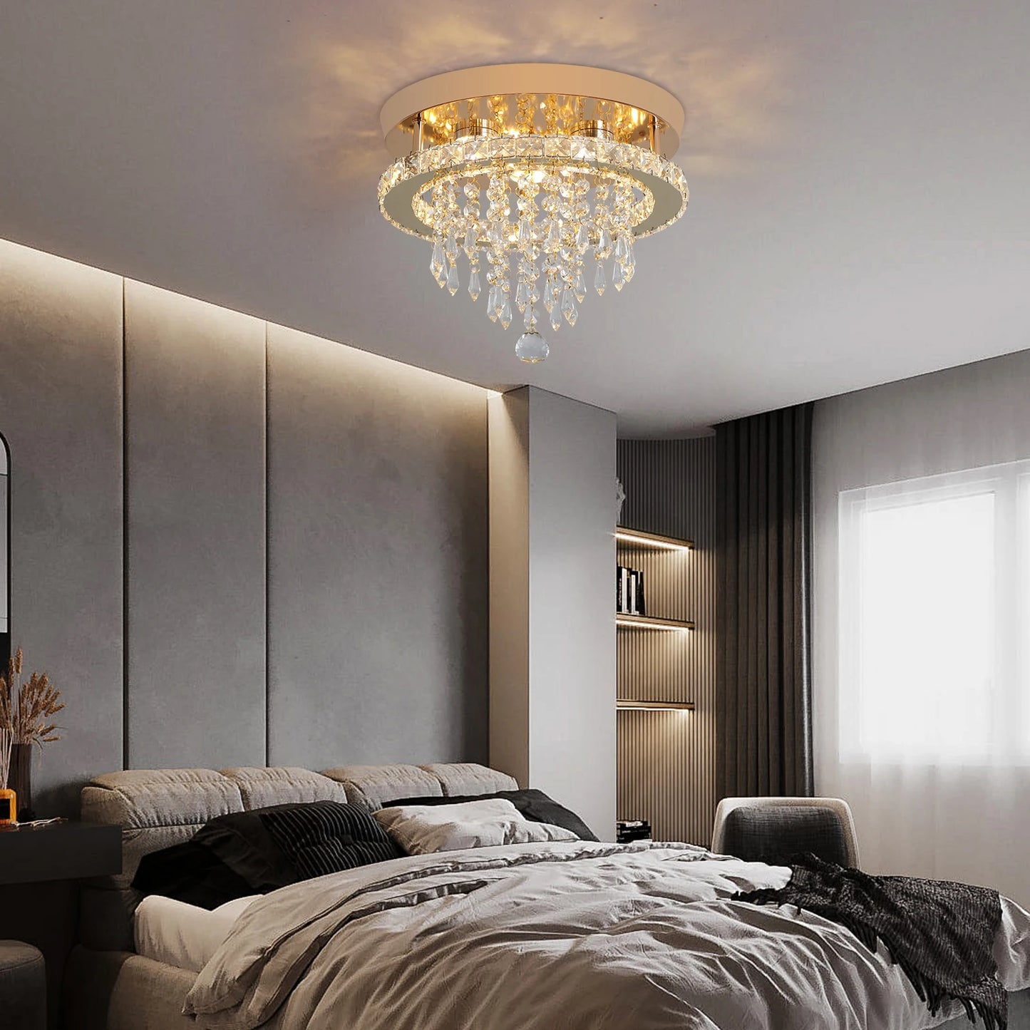 Crystal Chandelier - Modern Gold Ceiling Light With LED Flush Mount Fixture - ZOOMNSTORE