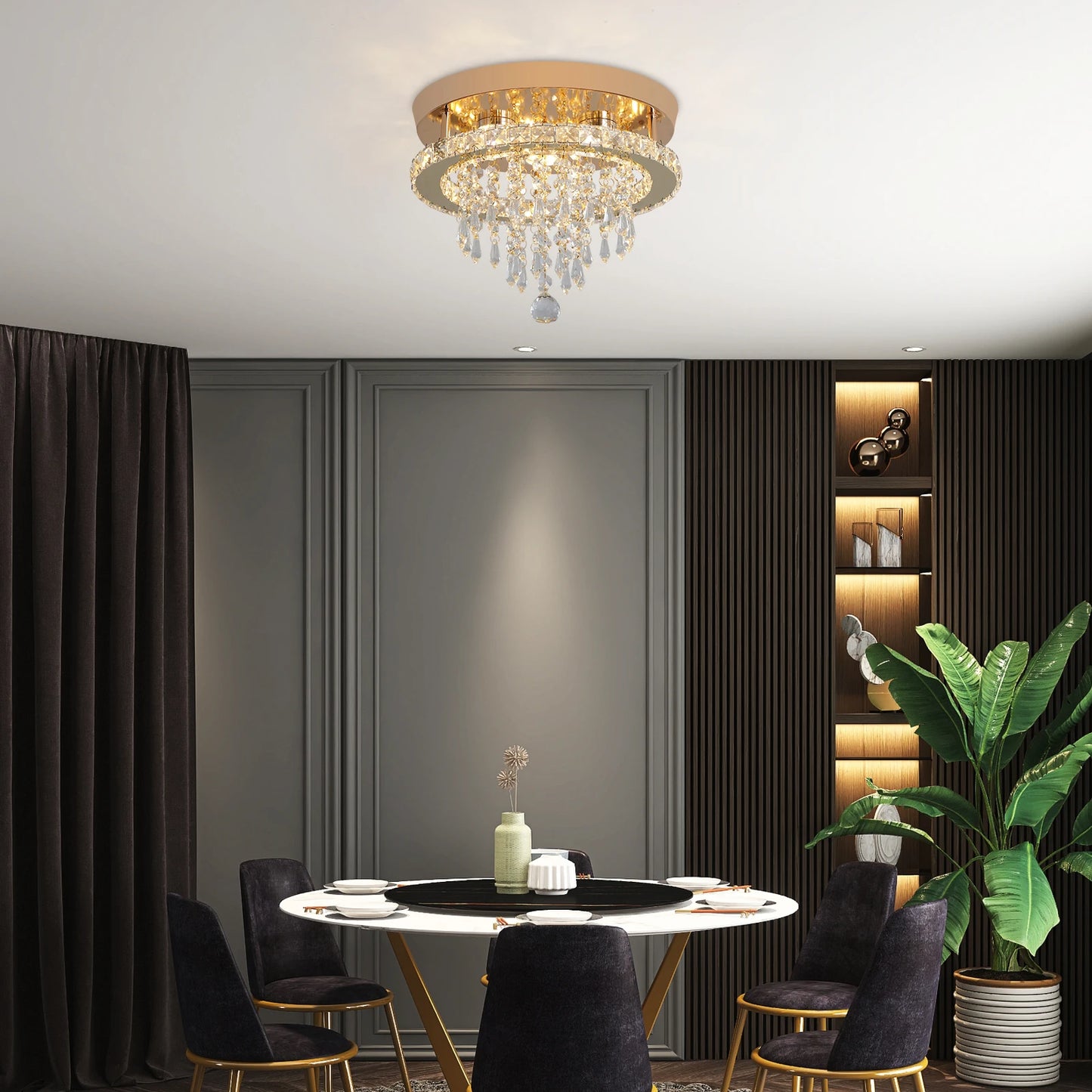 Crystal Chandelier - Modern Gold Ceiling Light With LED Flush Mount Fixture - ZOOMNSTORE