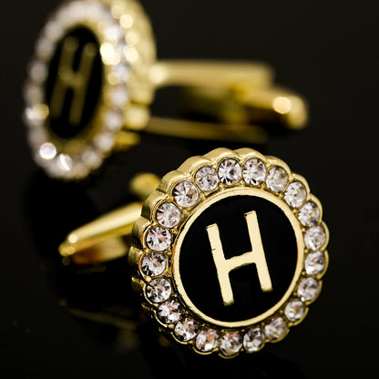 Alphabet Cufflinks A-Z - Crystal Rhinestone Round Initials for Mens Tuxedo Shirts - ZOOMNSTORE