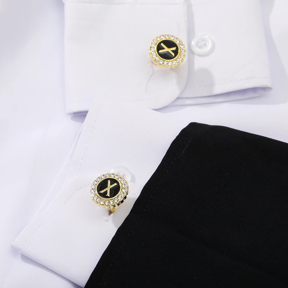 Alphabet Cufflinks A-Z - Crystal Rhinestone Round Initials for Mens Tuxedo Shirts - ZOOMNSTORE