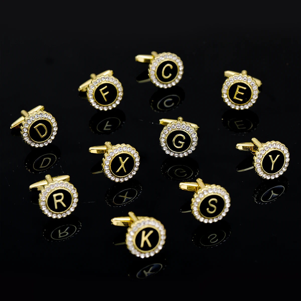 Alphabet Cufflinks A-Z - Crystal Rhinestone Round Initials for Mens Tuxedo Shirts - ZOOMNSTORE