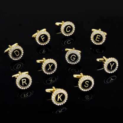 Alphabet Cufflinks A-Z - Crystal Rhinestone Round Initials for Mens Tuxedo Shirts - ZOOMNSTORE