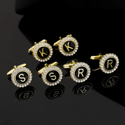 Alphabet Cufflinks A-Z - Crystal Rhinestone Round Initials for Mens Tuxedo Shirts - ZOOMNSTORE