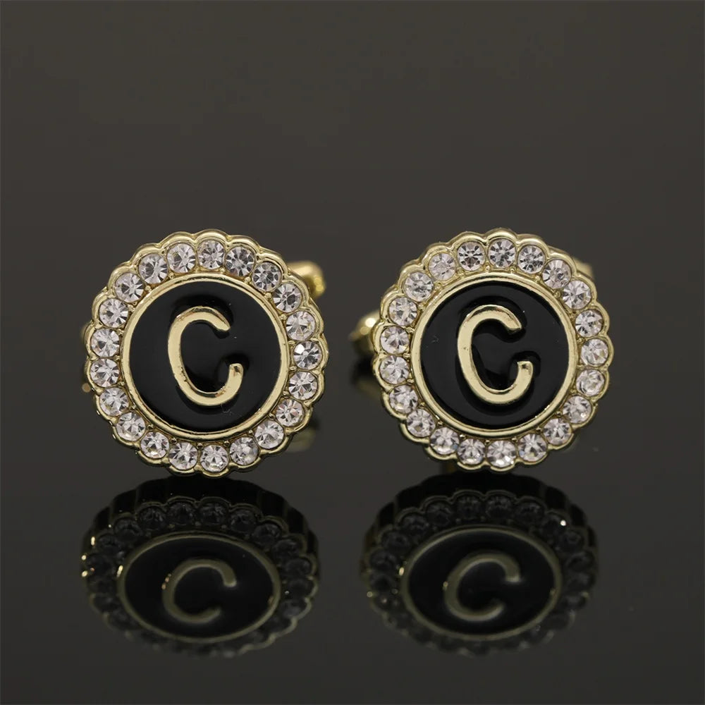 Alphabet Cufflinks A-Z - Crystal Rhinestone Round Initials for Mens Tuxedo Shirts - ZOOMNSTORE