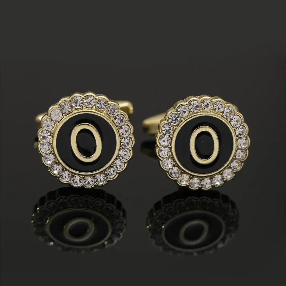 Alphabet Cufflinks A-Z - Crystal Rhinestone Round Initials for Mens Tuxedo Shirts - ZOOMNSTORE
