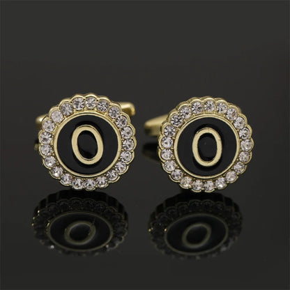 Alphabet Cufflinks A-Z - Crystal Rhinestone Round Initials for Mens Tuxedo Shirts - ZOOMNSTORE