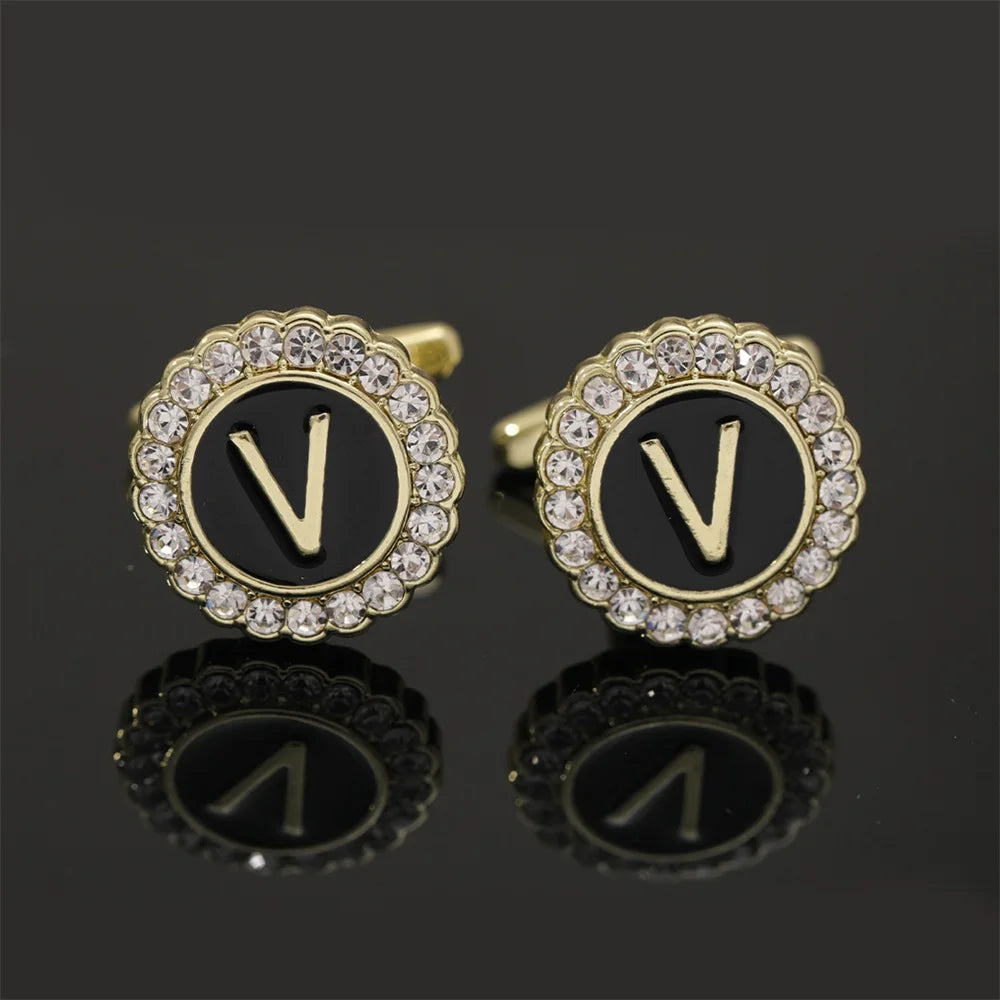 Alphabet Cufflinks A-Z - Crystal Rhinestone Round Initials for Mens Tuxedo Shirts - ZOOMNSTORE