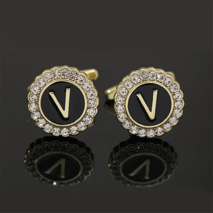 Alphabet Cufflinks A-Z - Crystal Rhinestone Round Initials for Mens Tuxedo Shirts - ZOOMNSTORE