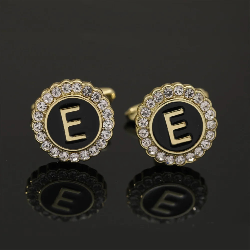 Alphabet Cufflinks A-Z - Crystal Rhinestone Round Initials for Mens Tuxedo Shirts - ZOOMNSTORE