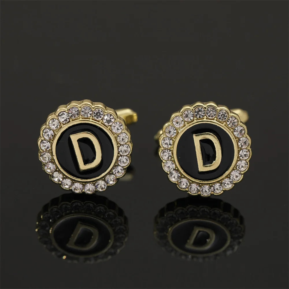 Alphabet Cufflinks A-Z - Crystal Rhinestone Round Initials for Mens Tuxedo Shirts - ZOOMNSTORE