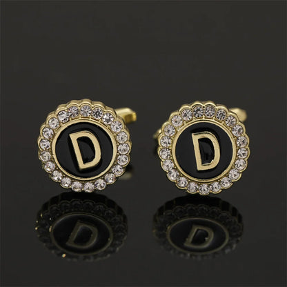 Alphabet Cufflinks A-Z - Crystal Rhinestone Round Initials for Mens Tuxedo Shirts - ZOOMNSTORE