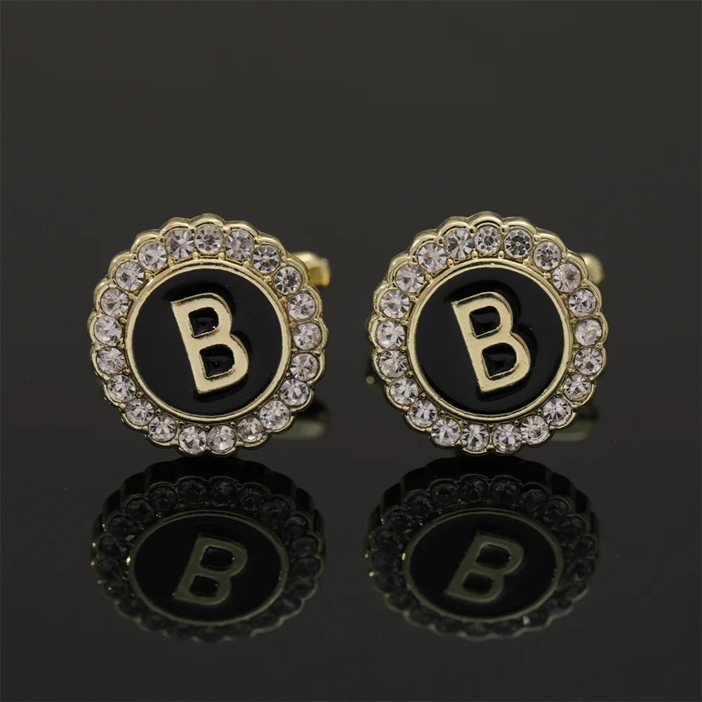 Alphabet Cufflinks A-Z - Crystal Rhinestone Round Initials for Mens Tuxedo Shirts - ZOOMNSTORE