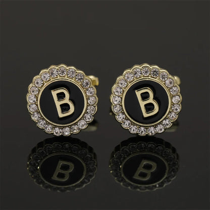 Alphabet Cufflinks A-Z - Crystal Rhinestone Round Initials for Mens Tuxedo Shirts - ZOOMNSTORE