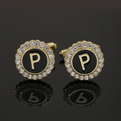 Alphabet Cufflinks A-Z - Crystal Rhinestone Round Initials for Mens Tuxedo Shirts - ZOOMNSTORE