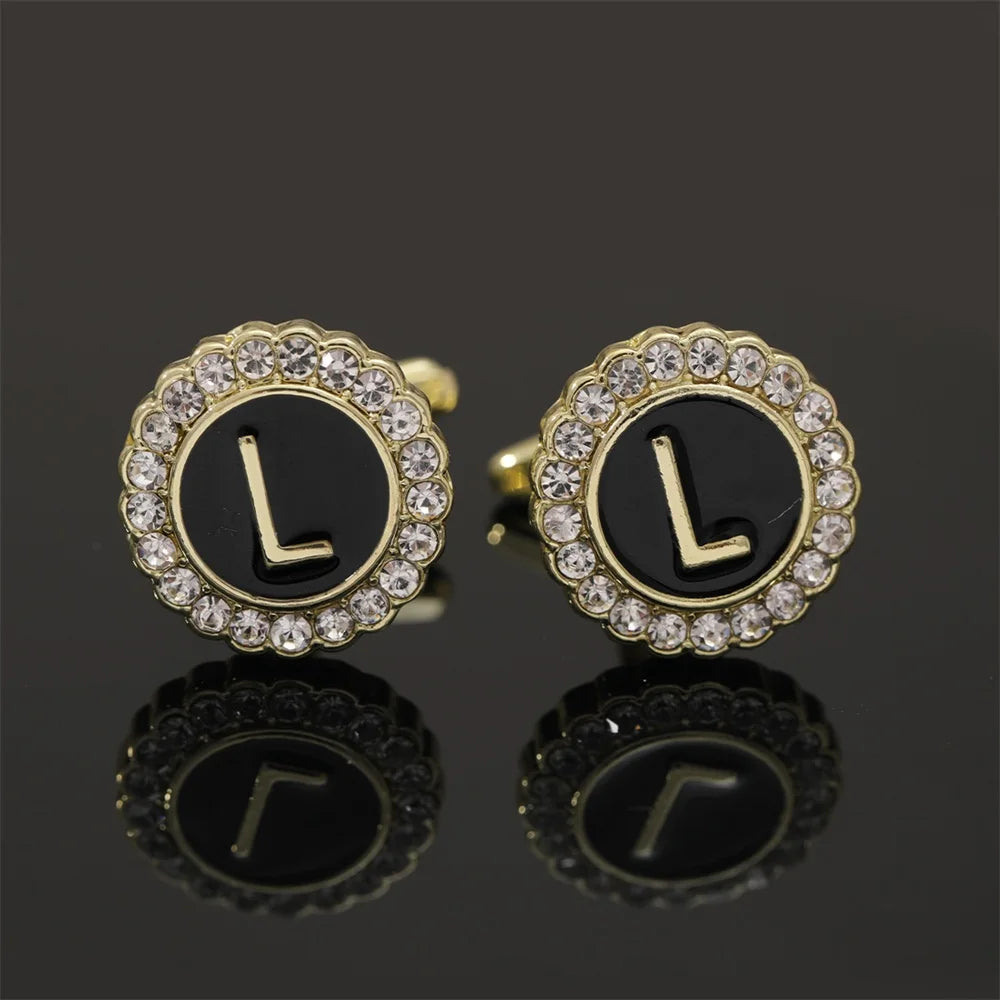 Alphabet Cufflinks A-Z - Crystal Rhinestone Round Initials for Mens Tuxedo Shirts - ZOOMNSTORE