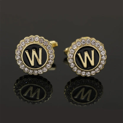 Alphabet Cufflinks A-Z - Crystal Rhinestone Round Initials for Mens Tuxedo Shirts - ZOOMNSTORE
