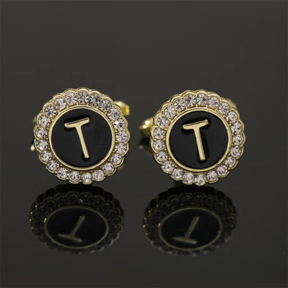 Alphabet Cufflinks A-Z - Crystal Rhinestone Round Initials for Mens Tuxedo Shirts - ZOOMNSTORE