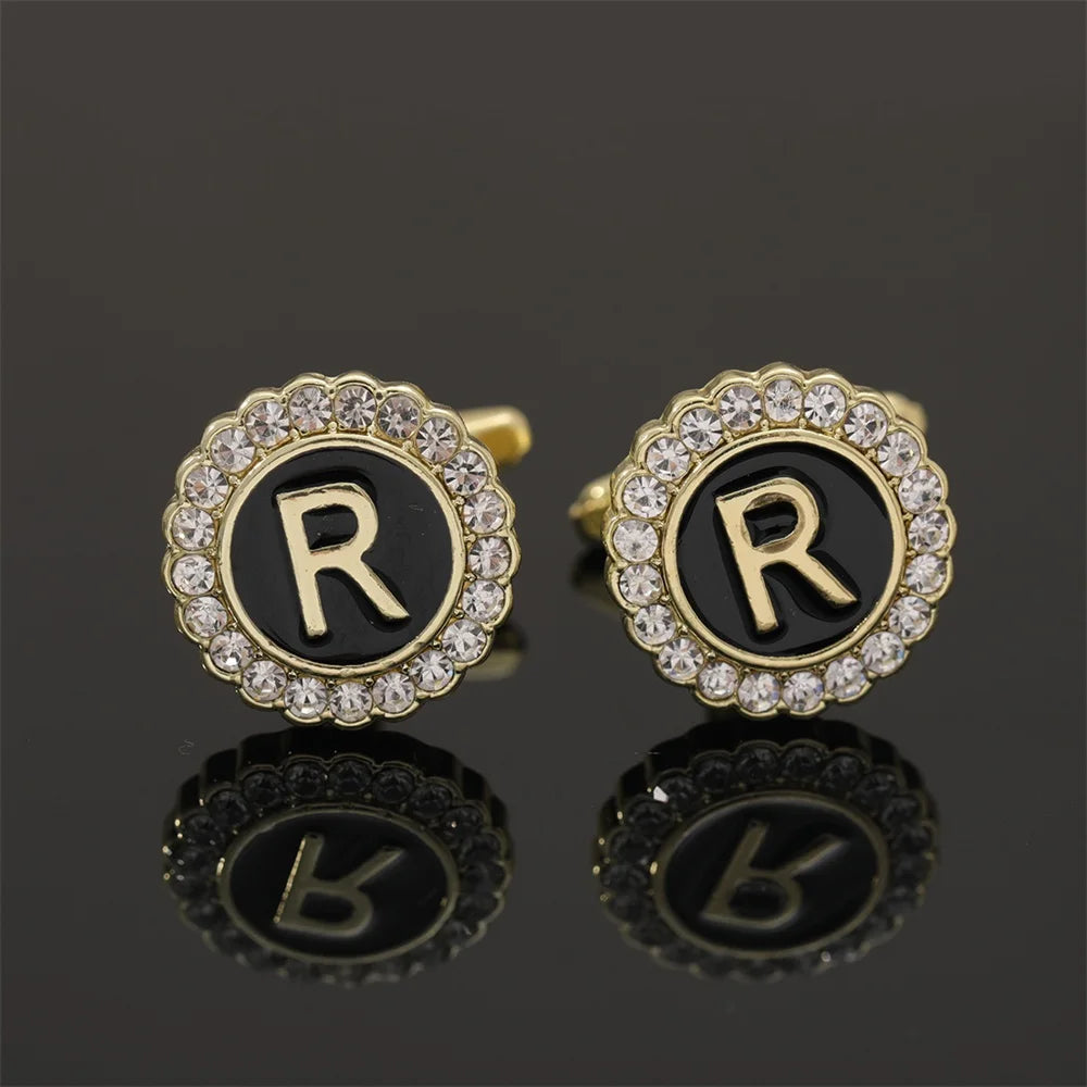 Alphabet Cufflinks A-Z - Crystal Rhinestone Round Initials for Mens Tuxedo Shirts - ZOOMNSTORE