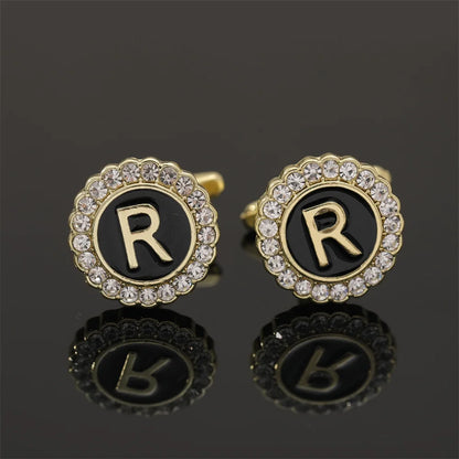Alphabet Cufflinks A-Z - Crystal Rhinestone Round Initials for Mens Tuxedo Shirts - ZOOMNSTORE