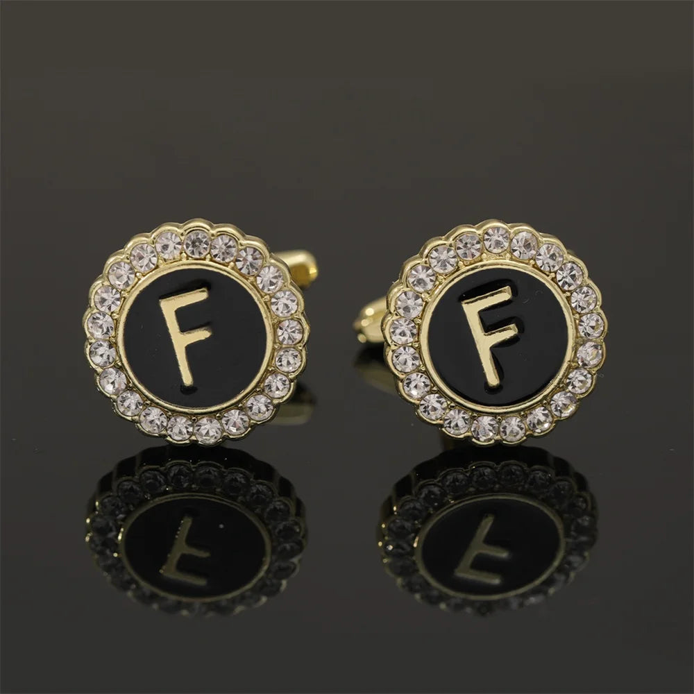 Alphabet Cufflinks A-Z - Crystal Rhinestone Round Initials for Mens Tuxedo Shirts - ZOOMNSTORE