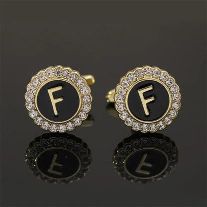 Alphabet Cufflinks A-Z - Crystal Rhinestone Round Initials for Mens Tuxedo Shirts - ZOOMNSTORE
