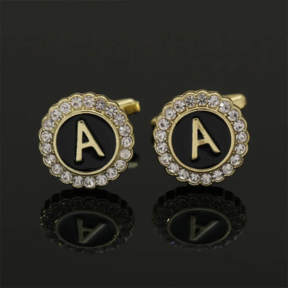 Alphabet Cufflinks A-Z - Crystal Rhinestone Round Initials for Mens Tuxedo Shirts - ZOOMNSTORE