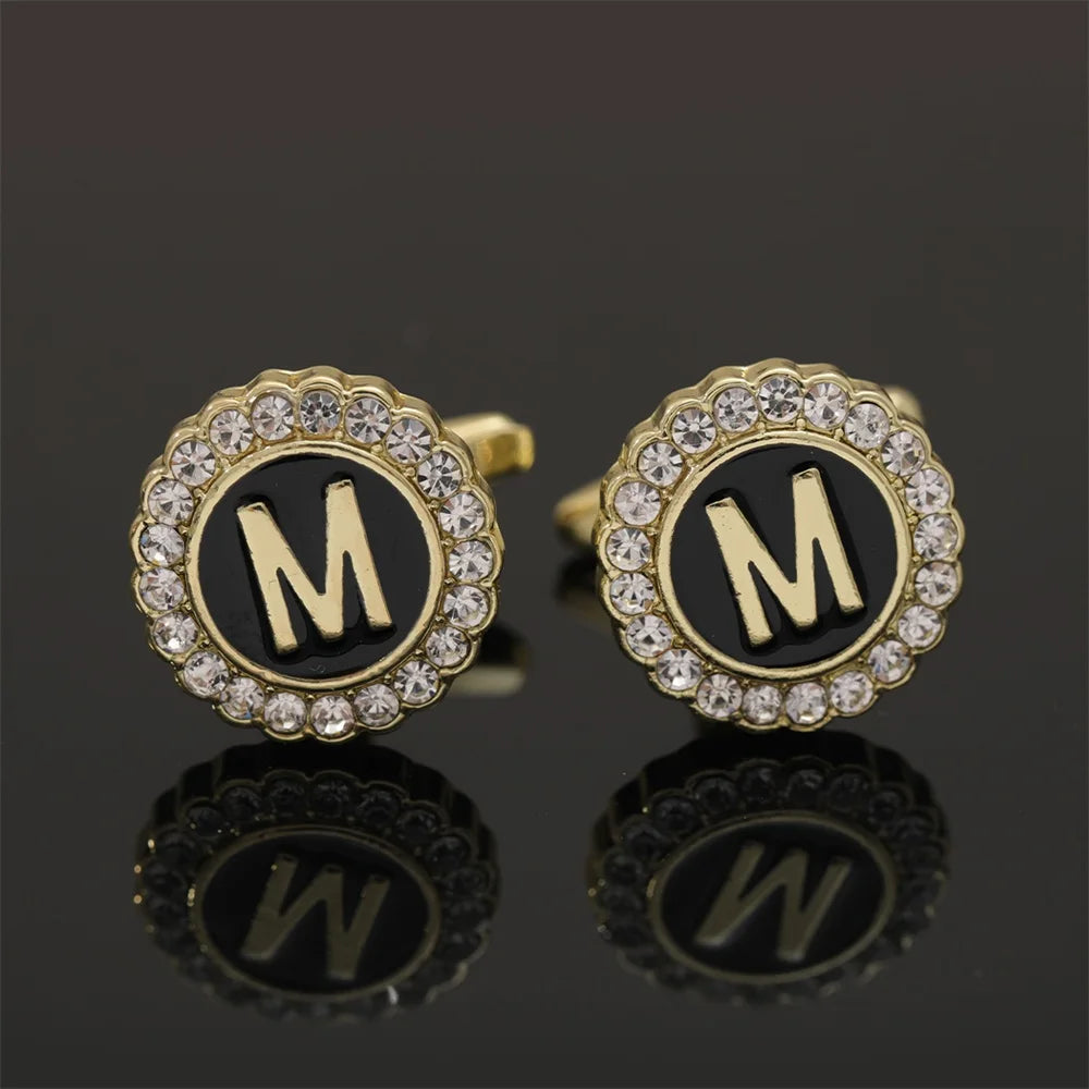 Alphabet Cufflinks A-Z - Crystal Rhinestone Round Initials for Mens Tuxedo Shirts - ZOOMNSTORE