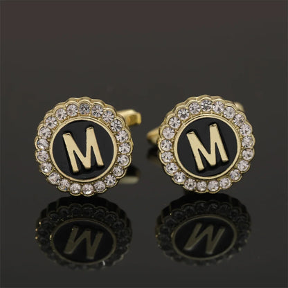 Alphabet Cufflinks A-Z - Crystal Rhinestone Round Initials for Mens Tuxedo Shirts - ZOOMNSTORE