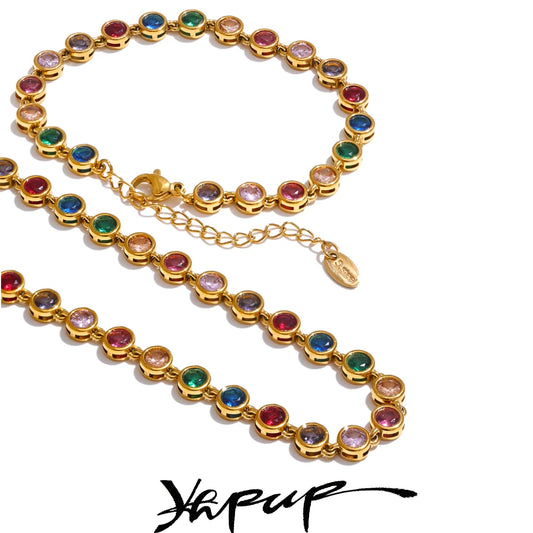 Yhpup Exquisite Colorful Cubic Zirconia Luxury Cast Chain Necklace Bracelet for Women Stainless Steel Waterproof Jewelry Gift - ZOOMNSTORE