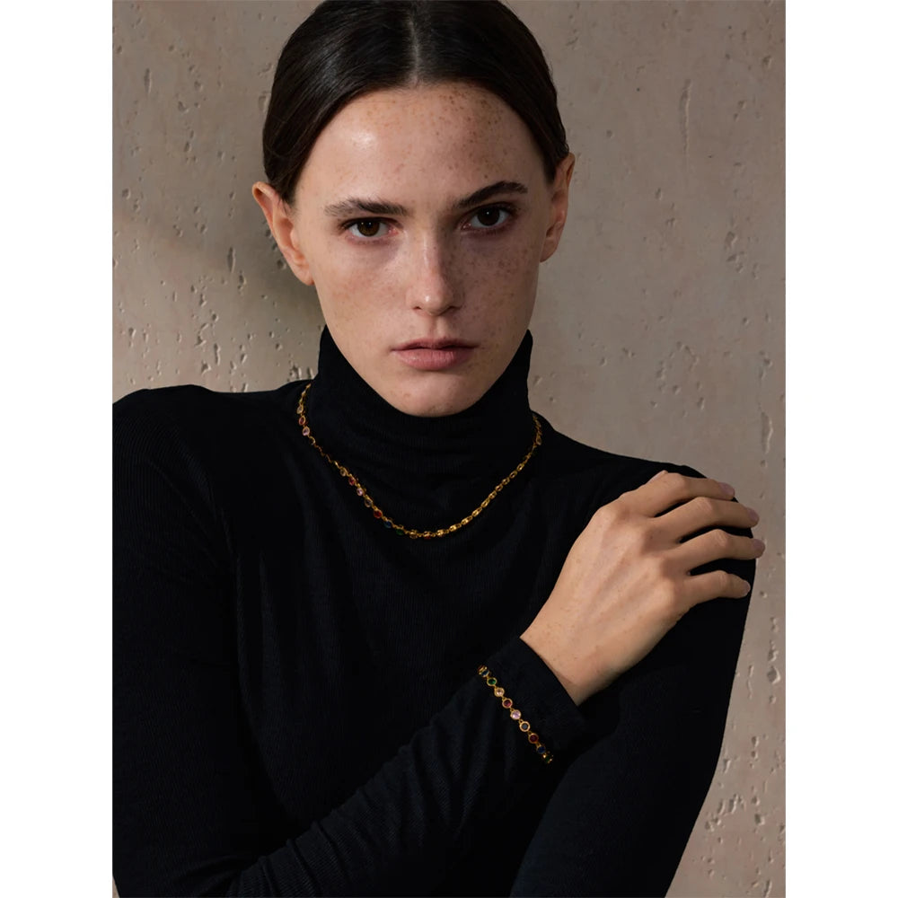 Yhpup Exquisite Colorful Cubic Zirconia Luxury Cast Chain Necklace Bracelet for Women Stainless Steel Waterproof Jewelry Gift - ZOOMNSTORE