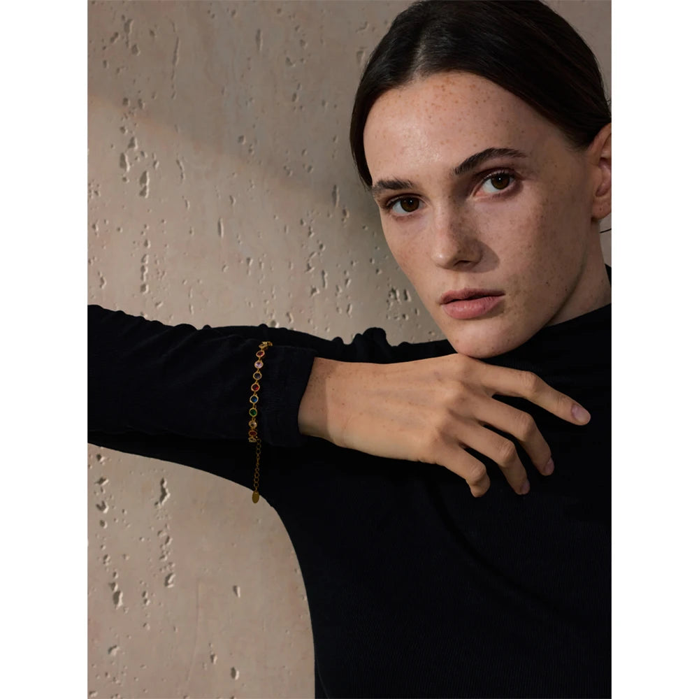 Yhpup Exquisite Colorful Cubic Zirconia Luxury Cast Chain Necklace Bracelet for Women Stainless Steel Waterproof Jewelry Gift - ZOOMNSTORE