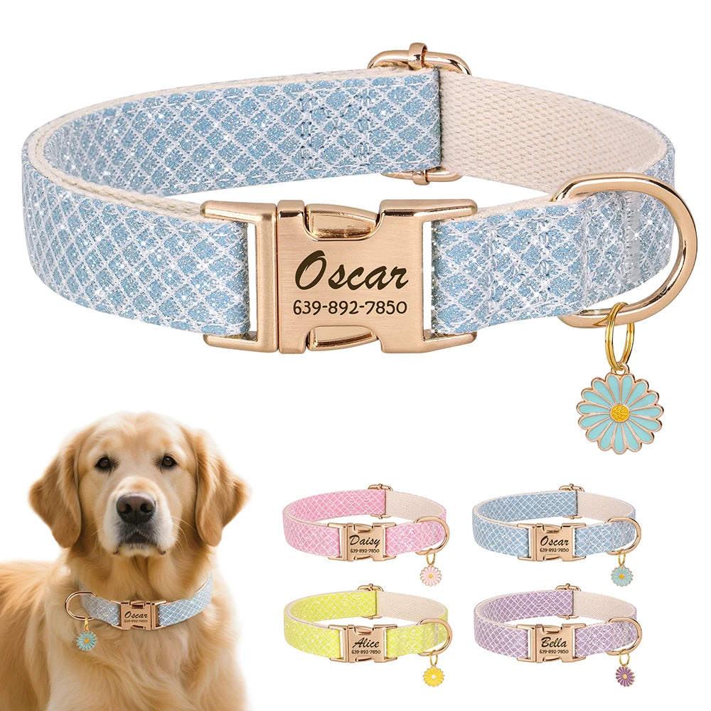 Custom Engraved Dog Collar - Bling Nylon Collar with Flower Tag for Small Medium Dogs and Cats - ZOOMNSTORE