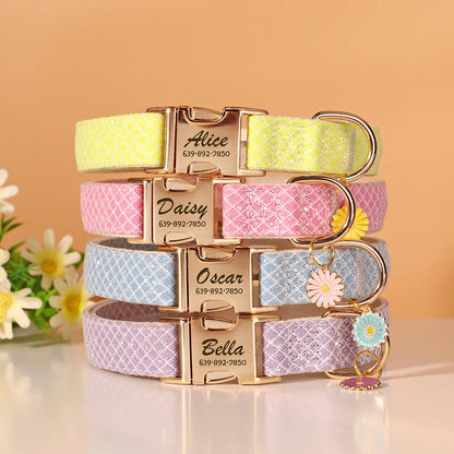 Custom Engraved Dog Collar - Bling Nylon Collar with Flower Tag for Small Medium Dogs and Cats - ZOOMNSTORE