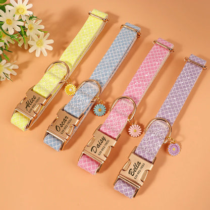 Custom Engraved Dog Collar - Bling Nylon Collar with Flower Tag for Small Medium Dogs and Cats - ZOOMNSTORE