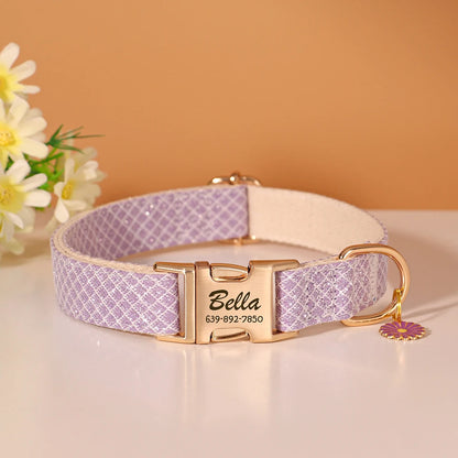Custom Engraved Dog Collar - Bling Nylon Collar with Flower Tag for Small Medium Dogs and Cats - ZOOMNSTORE