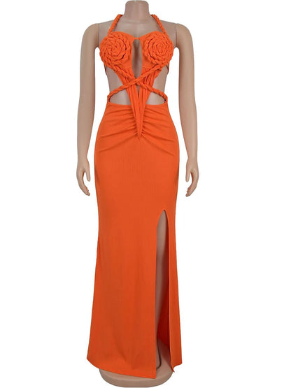 Orange Cut-Out Ruched Maxi Dress - Sexy Halter Neck Backless Party Dress - ZOOMNSTORE