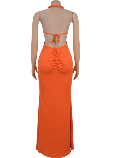 Orange Cut-Out Ruched Maxi Dress - Sexy Halter Neck Backless Party Dress - ZOOMNSTORE